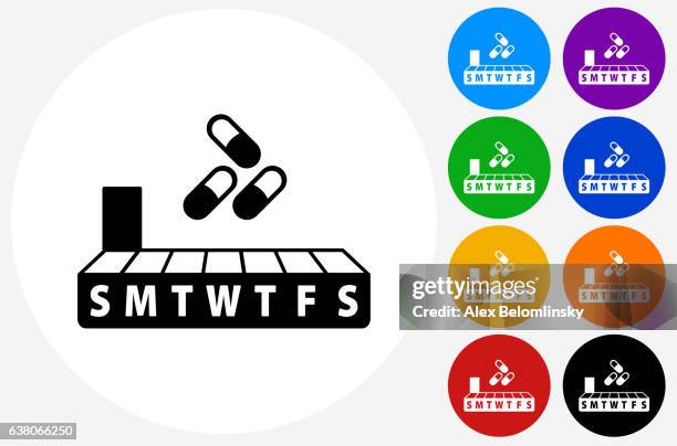 illustrazioni stock, clip art, cartoni animati e icone di tendenza di icona settimanale della scatola delle pillole sui pulsanti cerchio a colori piatti - contenitore organizer per pillole