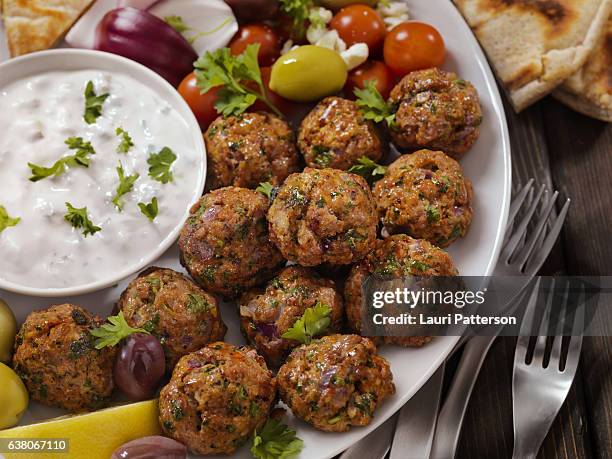 100% lamb -greek meatball platter - greek culture stock pictures, royalty-free photos & images