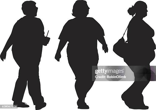 three overweight women walking silhouettes - fat stock illustrations