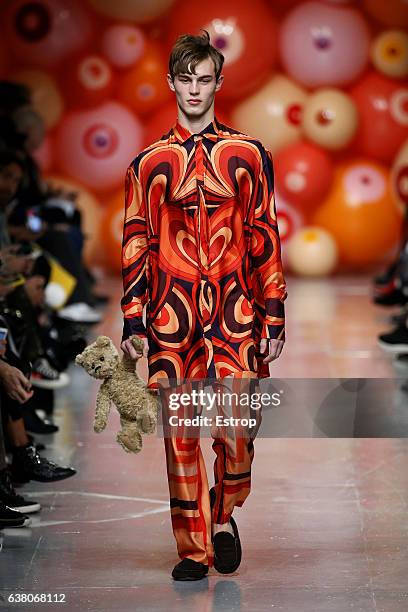 Model walks the runway at the Katie Eary show during London Fashion Week Men's January 2017 collections at BFC Show Space on January 7, 2017 in...