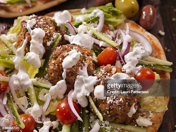 100% lamb -greek meatball souvlaki wrap - greek food stock pictures, royalty-free photos & images