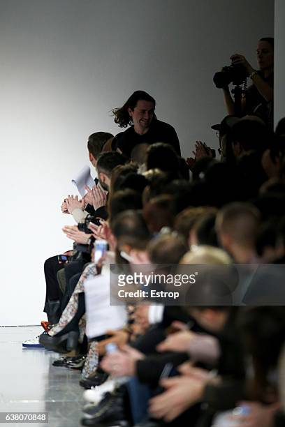 Designer walking the runway at the Matthew Miller show during London Fashion Week Men's January 2017 collections at BFC Show Space on January 7, 2017...