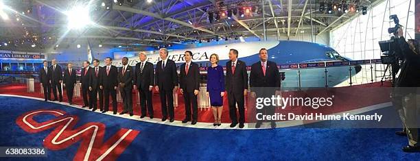 Panoramic view of candidates for the Republican Party's presidential nomination as they line up before the second in a series of debates, this one...