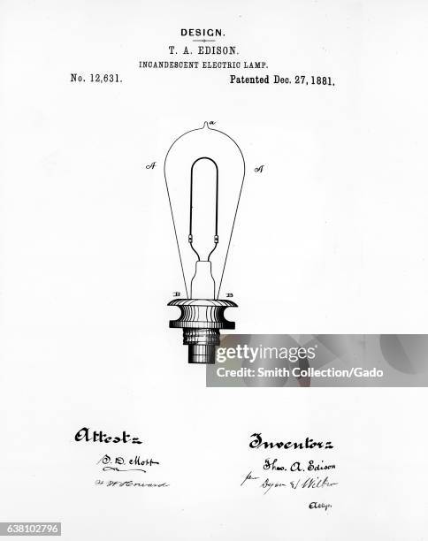 Thomas Edison's design of the incandescent electric lamp number 12, 631 which was patented on December 27, 1881. Image courtesy US Department of...