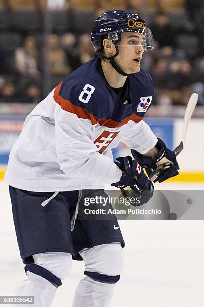 Forward Marek Hecl of Team Slovakia skates against Team Latvia in a preliminary round - Group B game during the IIHF World Junior Championship on...