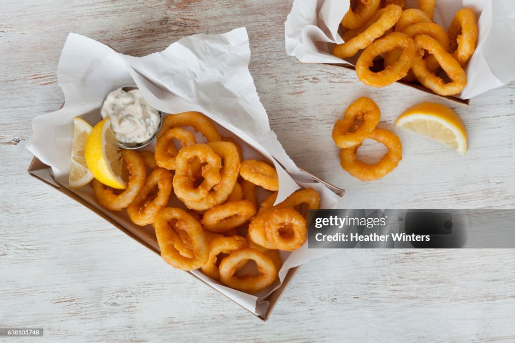 Fried Calamari in Paper Carton Overhead