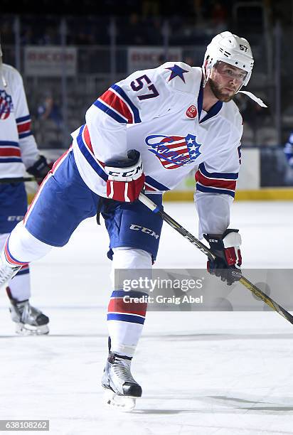 Brady Austin of the Rochester Americans skates in warmup prior to a game against the Toronto Marlies on January 8, 2017 at Ricoh Coliseum in Toronto,...