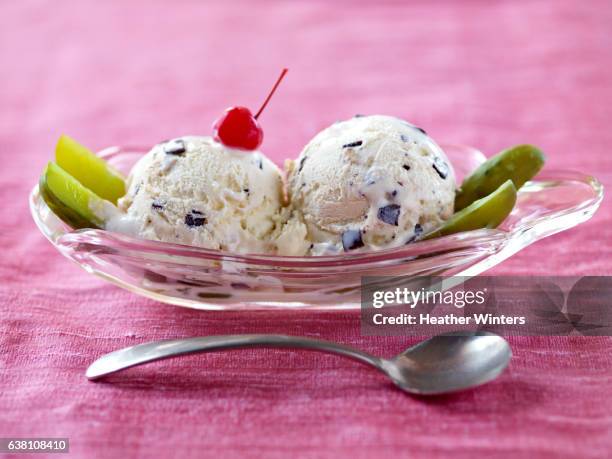 ice cream with pickles and cherry - banana split stock pictures, royalty-free photos & images
