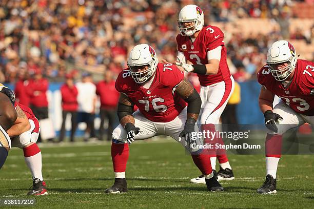 Guard Mike Iupati of the Arizona Cardinals sets to protect quarterback Carson Palmer of the Los Angeles Rams at Los Angeles Memorial Coliseum on...