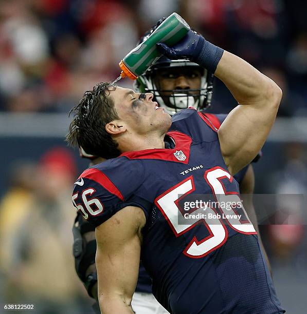 Brian Cushing of the Houston Texans"n takes a water break against the Oakland Raiders in their AFC Wild Card game at NRG Stadium on January 7, 2017...