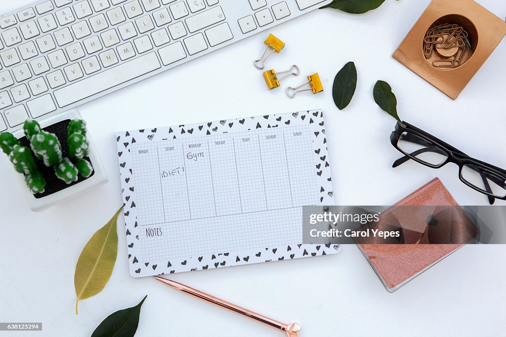 Top view work space with schedule/timetable