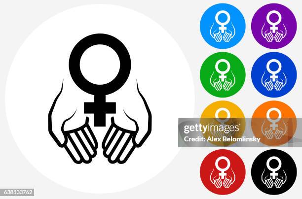 hands holding venus symbol icon on flat color circle buttons - menopause stock illustrations