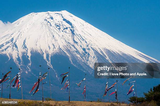 fuji and carp streamers - koinobori stock pictures, royalty-free photos & images