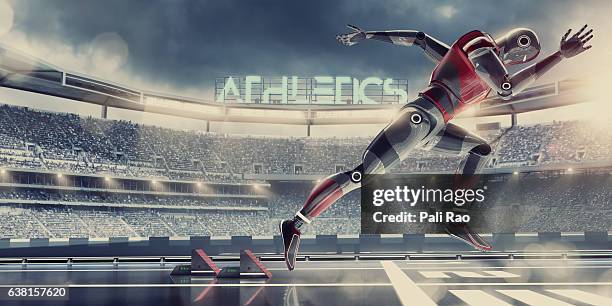hi-tech robot athlete competing in sprint race in futuristic stadium - track and field event stock pictures, royalty-free photos & images