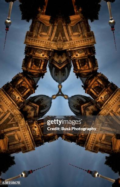 impossible architectures: digital manipulation of image of berlin cathedral with berlin tv tower in the background - berlin nacht stock-grafiken, -clipart, -cartoons und -symbole