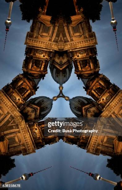 impossible architectures: digital manipulation of image of berlin cathedral with berlin tv tower in the background - berlin cathedral stock illustrations