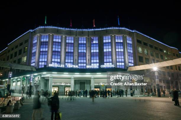 facade of brussels central railway station at night - brussels capital region stock pictures, royalty-free photos & images