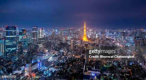 panorama view over tokyo tower and tokyo cityscape - tokyo japan night stock pictures, royalty-free photos & images