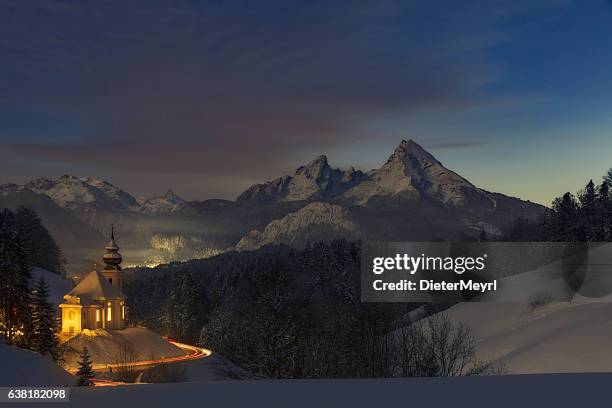 maria gern church in alps  long exposure in the night - church chapel stock pictures, royalty-free photos & images