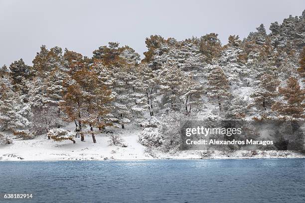 snow covered mountain over lake beletsi in greece - alexandros maragos stock pictures, royalty-free photos & images