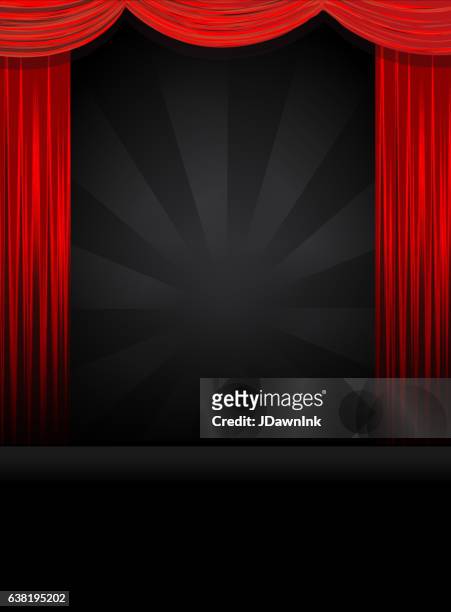 theaterbühne in schwarz mit roten vorhängen - theateraufführung stock-grafiken, -clipart, -cartoons und -symbole