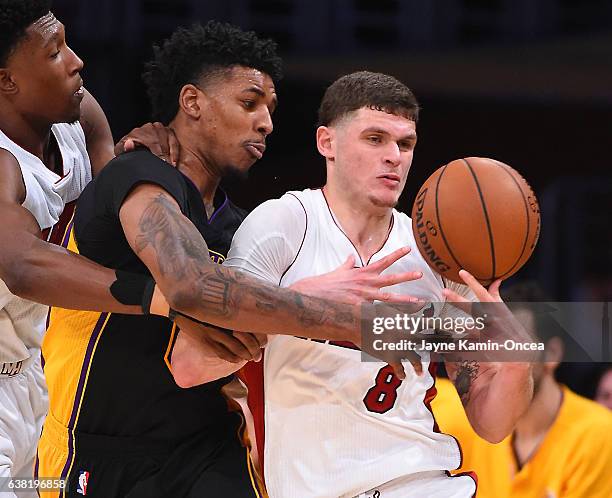 Nick Young of the Los Angeles Lakers guards Tyler Johnson of the Miami Heat during the game at Staples Center on January 6, 2017 in Los Angeles,...