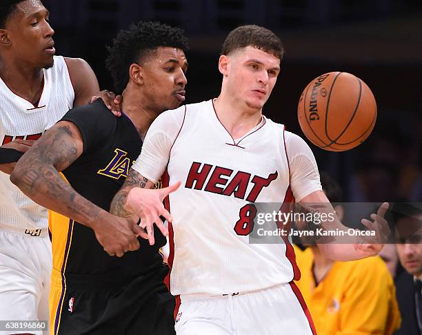Nick Young of the Los Angeles Lakers guards Tyler Johnson of the Miami Heat during the game at Staples Center on January 6, 2017 in Los Angeles,...