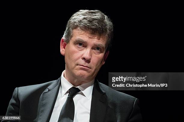 Les Socialistes candidate for the primary elections of the 2017 French Presidential Election Arnaud Montebourg participates in a debate at the Home...