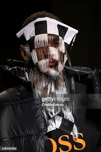 Head wear detail at the Christopher Shannon show during London Fashion Week Men's January 2017 collections at Topman Show Space on January 7, 2017 in...