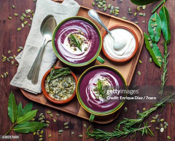 purple potato soup for two - creamy cauliflower and potato soup stock pictures, royalty-free photos & images