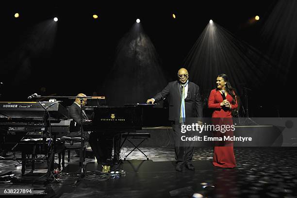 Producer Quincy Jones and founder of The Art of Elysium Jennifer Howell speaks onstage during The Art of Elysium presents Stevie Wonder's HEAVEN -...