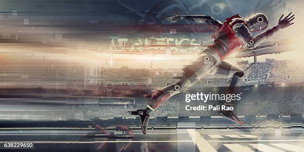 abstract robot sprinting athlete bursting from starting blocks in stadium - future sport stock pictures, royalty-free photos & images