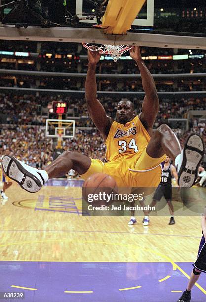 Shaquille O''Neal of the Los Angeles Lakers makes a slam dunk during round two of the NBA Western Conference Playoff Game against the Sacramento...