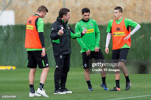 Christoph Kramer of Borussia Moenchengladbach, Head couch Dieter Hecking of Borussia Moenchengladbach, Lars Stindl of Borussia Moenchengladbach and...