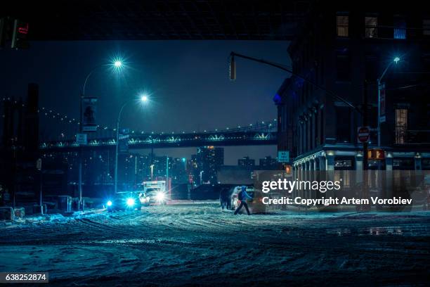 winter blizzard in brooklyn - dark street stock pictures, royalty-free photos & images