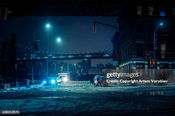 winter blizzard in brooklyn - new york night snow stock pictures, royalty-free photos & images