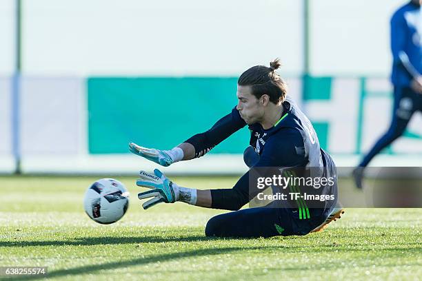 Goalkeeper Fabian Giefer of Schalke in action during the Training Camp of FC Schalke 04 at Hotel Melia Villaitana on January 08, 2017 in Benidorm,...