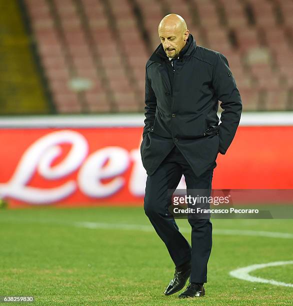 Spezia coach Domenico Di Carlo looks on during the TIM Cup match between SSC Napoli and AC Spezia at Stadio San Paolo on January 10, 2017 in Naples,...