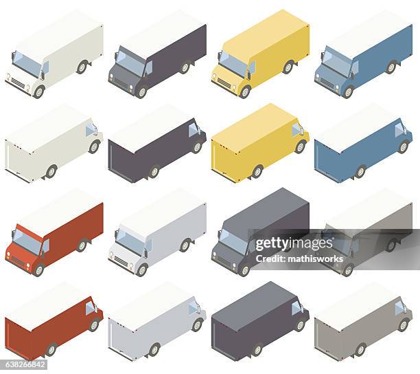 box trucks isometric illustration - white work van stock illustrations