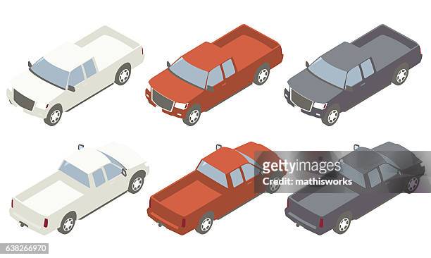pickup trucks isometric illustration - pick up truck back stock illustrations