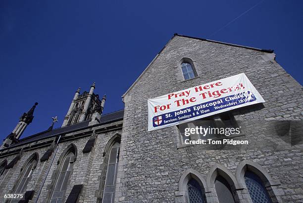 General view of a local church in Detroit with a banner inviting people inside to "Pray for the Tigers Here" before the game between the Detroit...