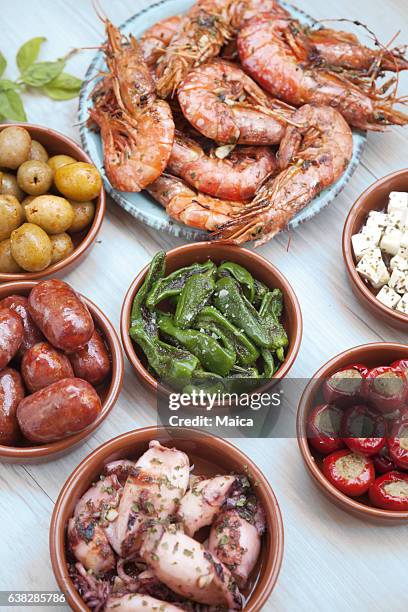 choice of tasty spanish tapas - chorizo stockfoto's en -beelden