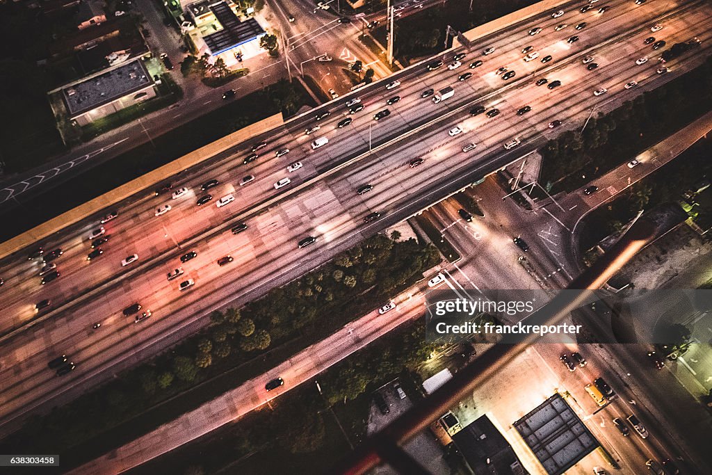 Miami downtown aerial view of the highway in the night