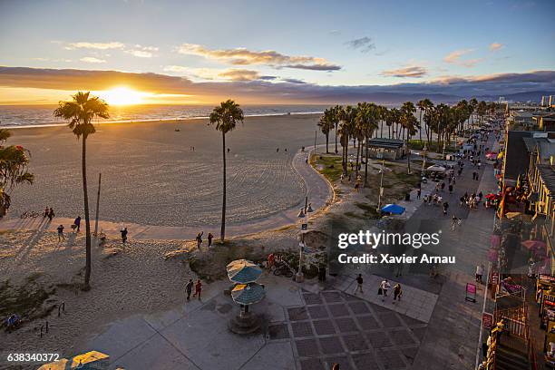 touristes marchant sur le sentier au bord de la plage pendant le coucher du soleil - venice beach photos et images de collection