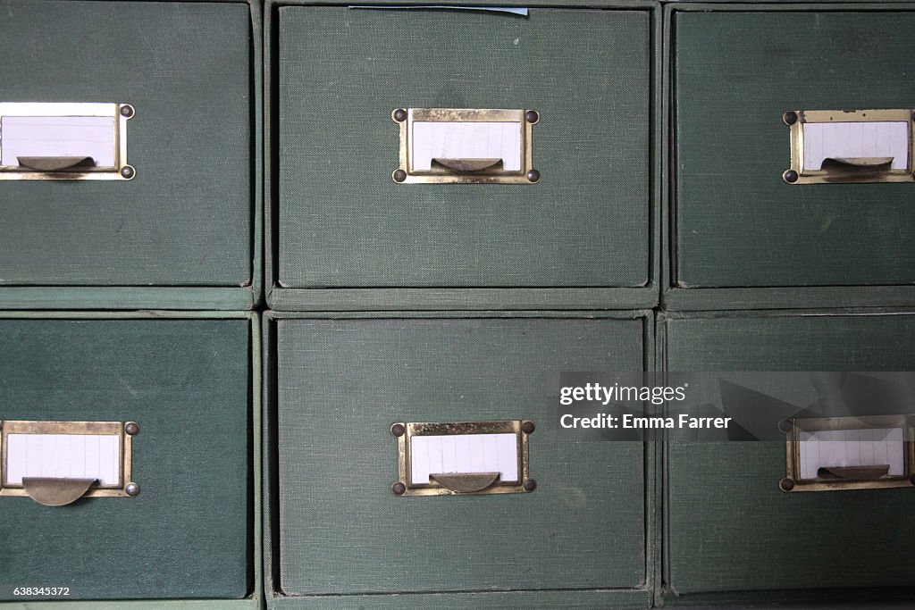 Green cloth bound catalogue drawers