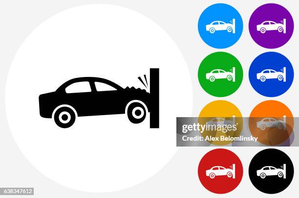 car crash icon on flat color circle buttons - smashed car white background stock illustrations