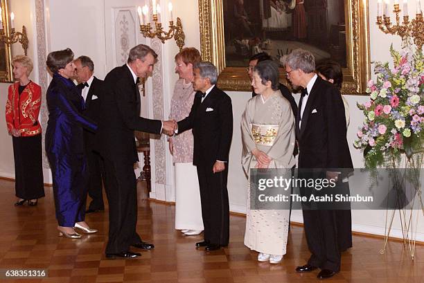 Finland President Tarja Halonen, Emperor Akihito, Empress Michiko and Halone's husband Pentti Arajarvi welcome guests prior to the state dinner at...