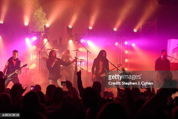 Matt DiRito; Nick Fuelling; Dave Grahs,Hayley Cramer, and Leigh Kakaty of Pop Evil performs at Mercury Ballroom on January 10, 2017 in Louisville,...