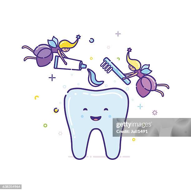 ilustrações, clipart, desenhos animados e ícones de duas fadas limpam o dente com uma escova de dentes. vetor - branqueamento dos dentes