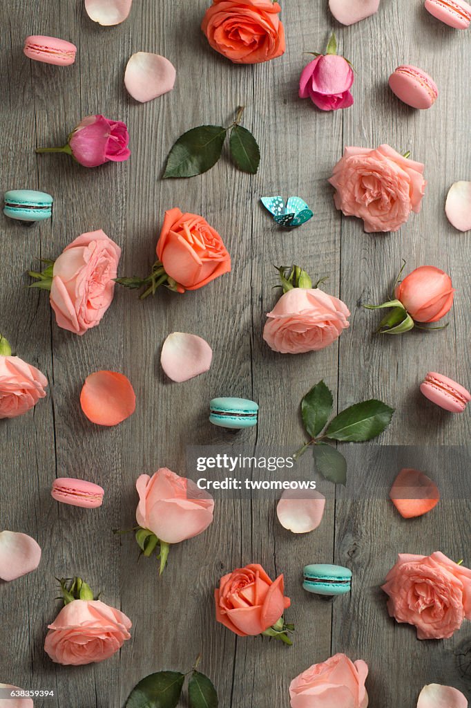 Flat lay rose floral background.